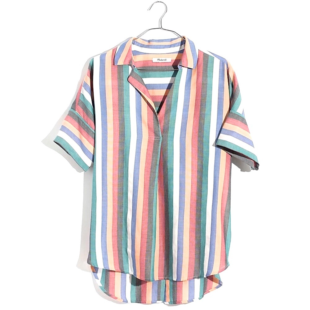 Madewell Rainbow Striped Collared Dolman Sleeve Button-Up Back Coattails Shirt - Picture 9 of 15